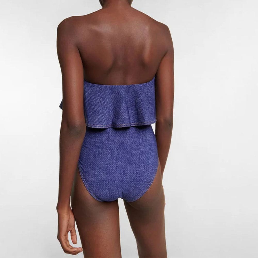 Denim Print Ruffled One-Piece with Striped Cover-Up - On sale