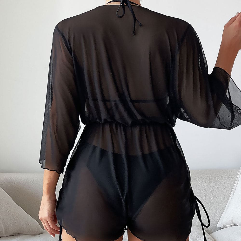 Shiny Solid Drawstring Three Piece Swimsuit main image 1