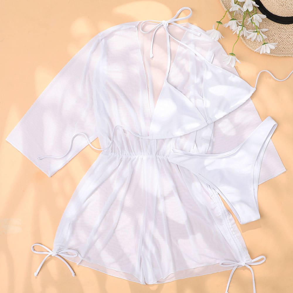 Drawstring High Cut Slide Triangle Three Piece Swimsuit - On sale