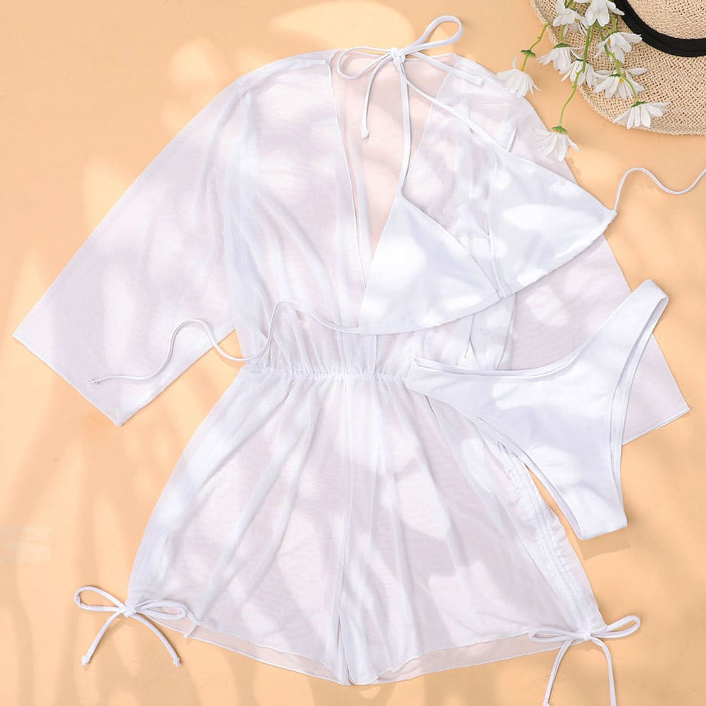 Drawstring High Cut Slide Triangle Three Piece Swimsuit - Sunnybikinis