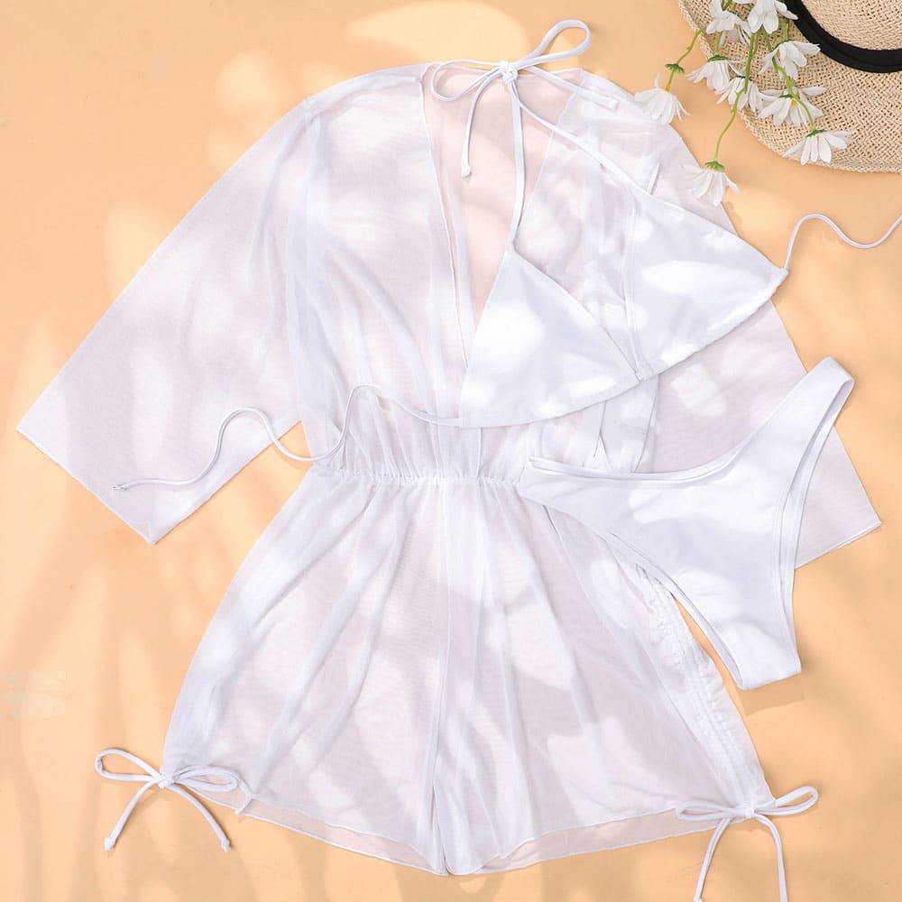 Drawstring High Cut Slide Triangle Three Piece Swimsuit - On sale