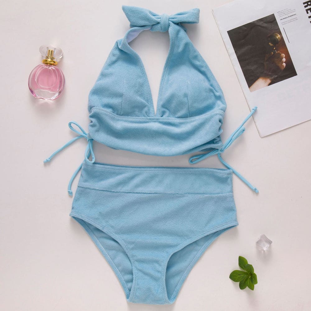 Drawstring Tie Ruched Terry Halter Brazilian Bikini Swimsuit - On sale