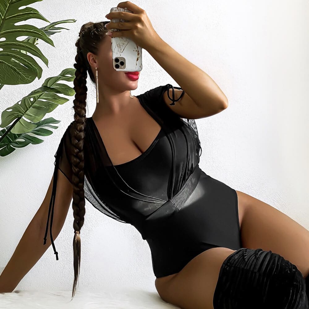 Drawstring Tie Sheer Mesh Brazilian One Piece Swimsuit - On sale