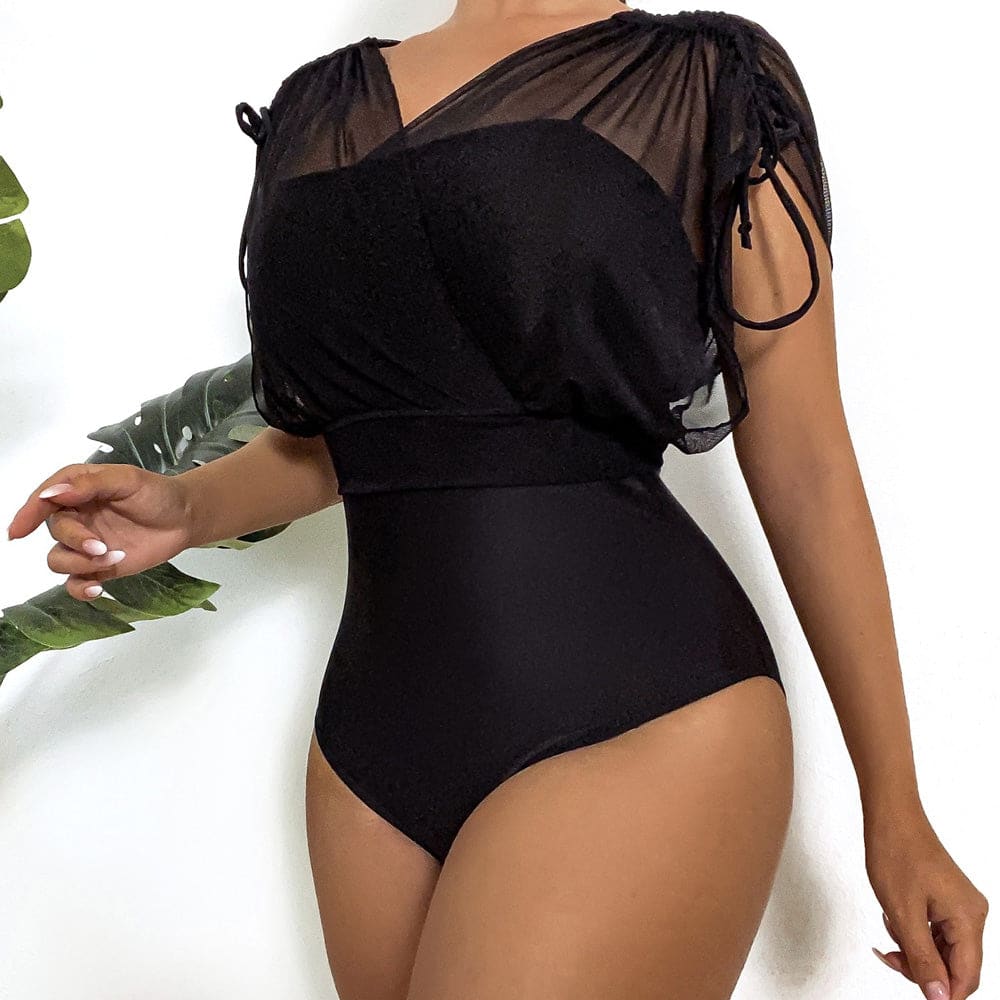 Drawstring Tie Sheer Mesh Brazilian One Piece Swimsuit - On sale