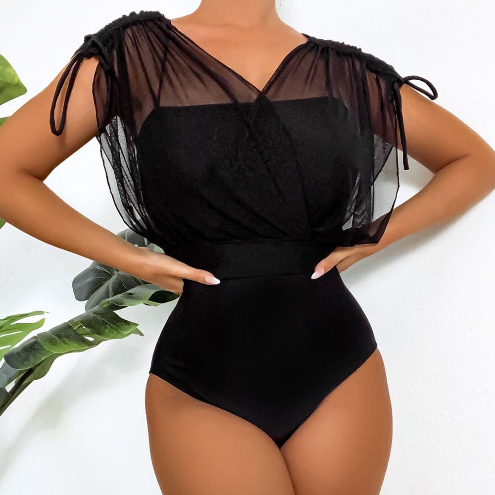 Drawstring Tie Sheer Mesh Brazilian One Piece Swimsuit - Black / S On sale