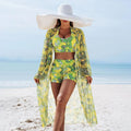 Yellow printed 3-piece swim set: bikini top, matching shorts, sheer SPF cover-up