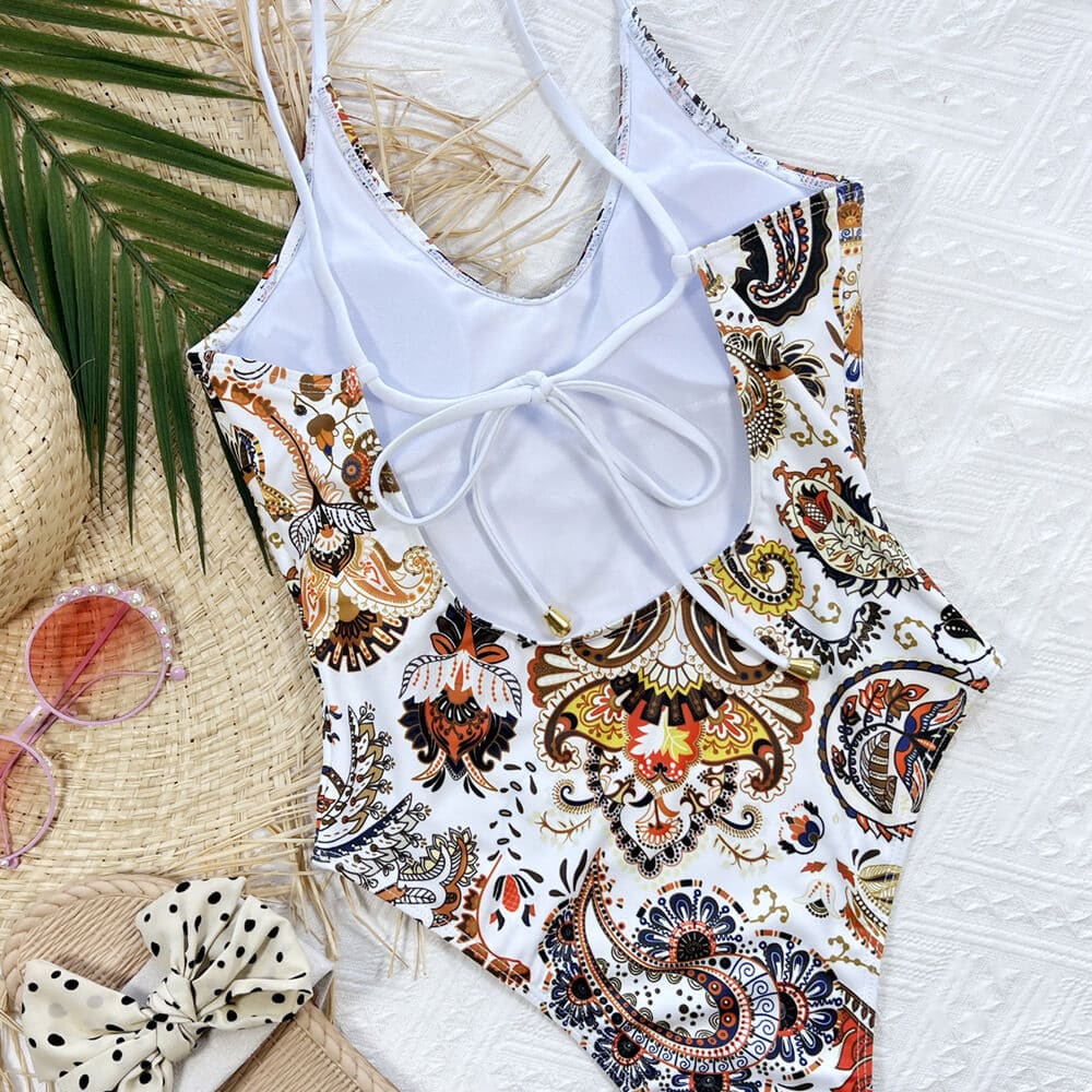 Ethnic Paisley High Cut Open Back One Piece Swimsuit - On sale