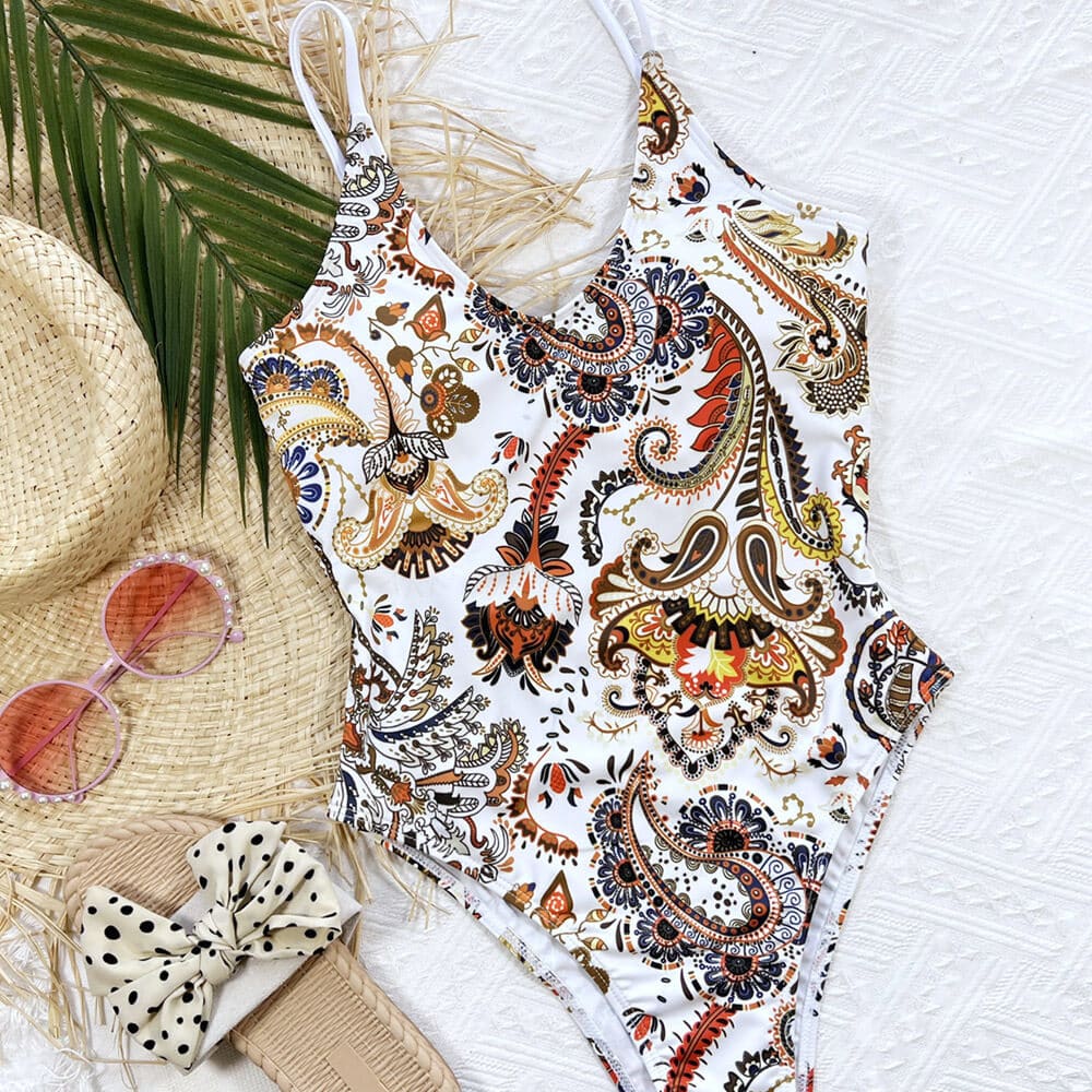 Ethnic Paisley High Cut Open Back One Piece Swimsuit - On sale
