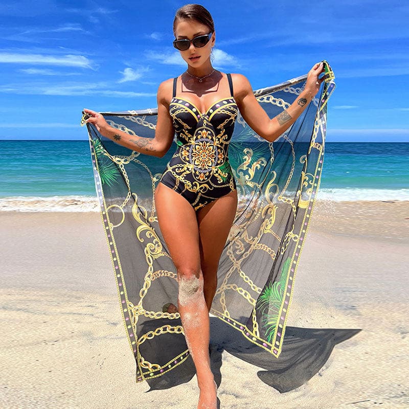 Exotic Floral Sarong Push Up Brazilian One Piece Swimsuit - On sale