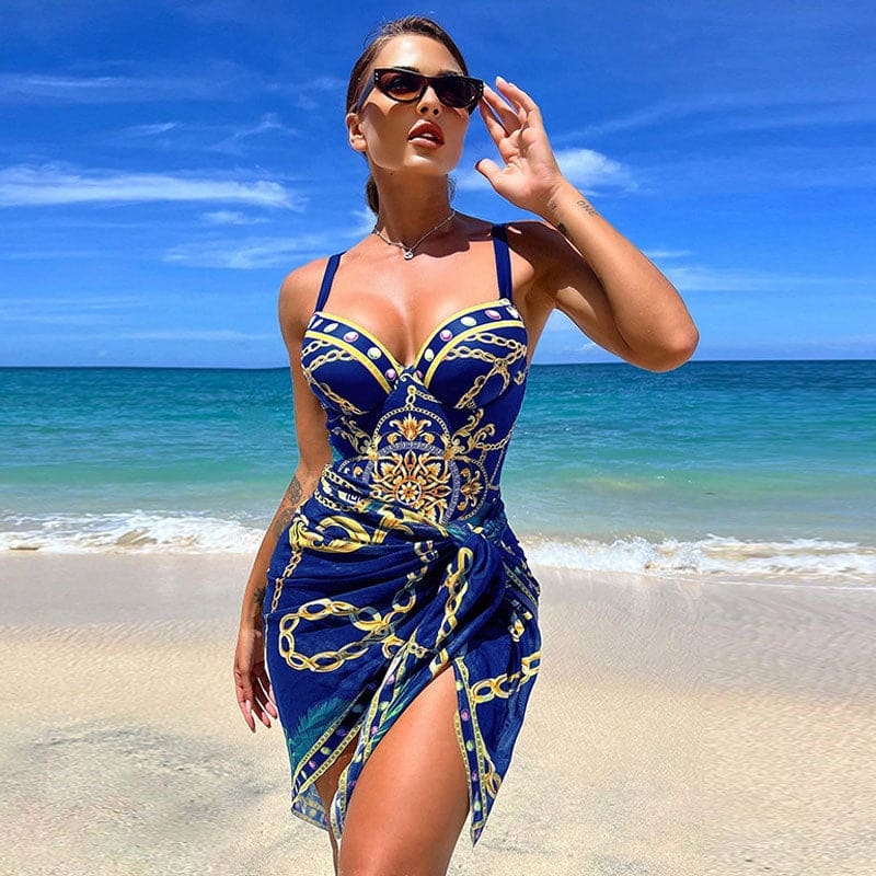 Exotic Floral Sarong Push Up Brazilian One Piece Swimsuit - Royal Blue / S On sale