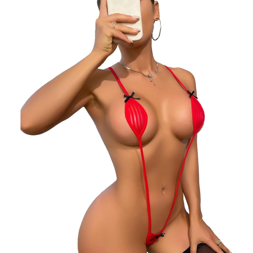 Extreme Micro Striped Monokini One-Piece Swimsuit - Red / one size On sale