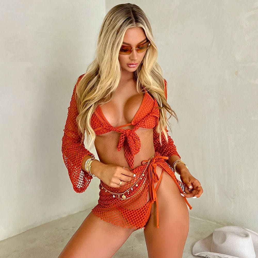 Fishnet Tie String Brazilian Bikini with Cover Up - On sale