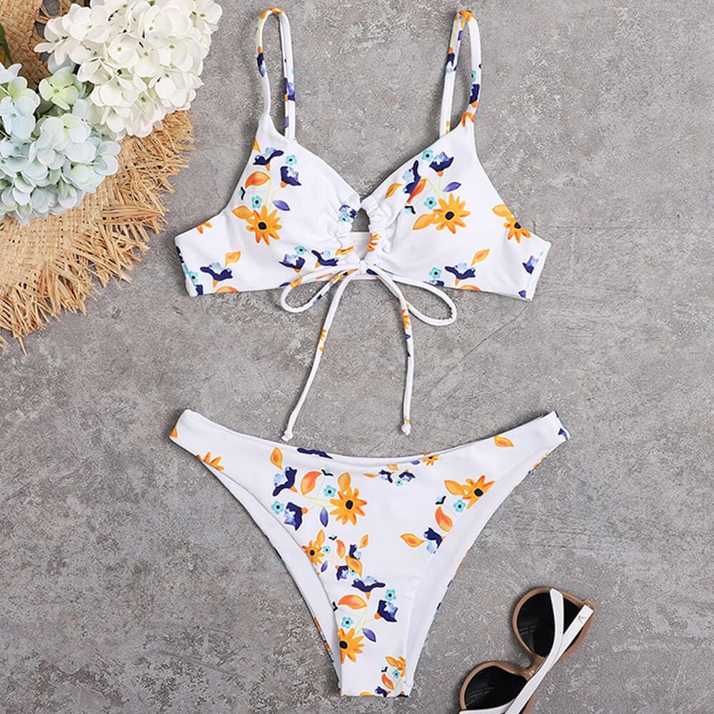Floral Cinch Front Bralette Brazilian Bikini Swimsuit - On sale