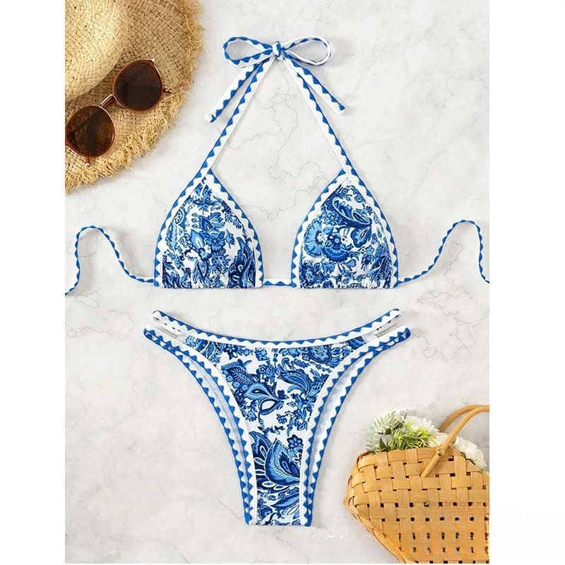 Floral Crisscross Micro Bikini – High‑Cut Brazilian Set - Blue flower / S On sale