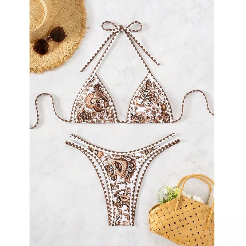 Floral Crisscross Micro Bikini – High‑Cut Brazilian Set - Brown flower / S On sale