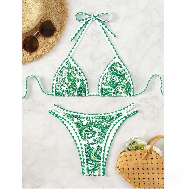 Floral Crisscross Micro Bikini – High‑Cut Brazilian Set - Green flower / S On sale