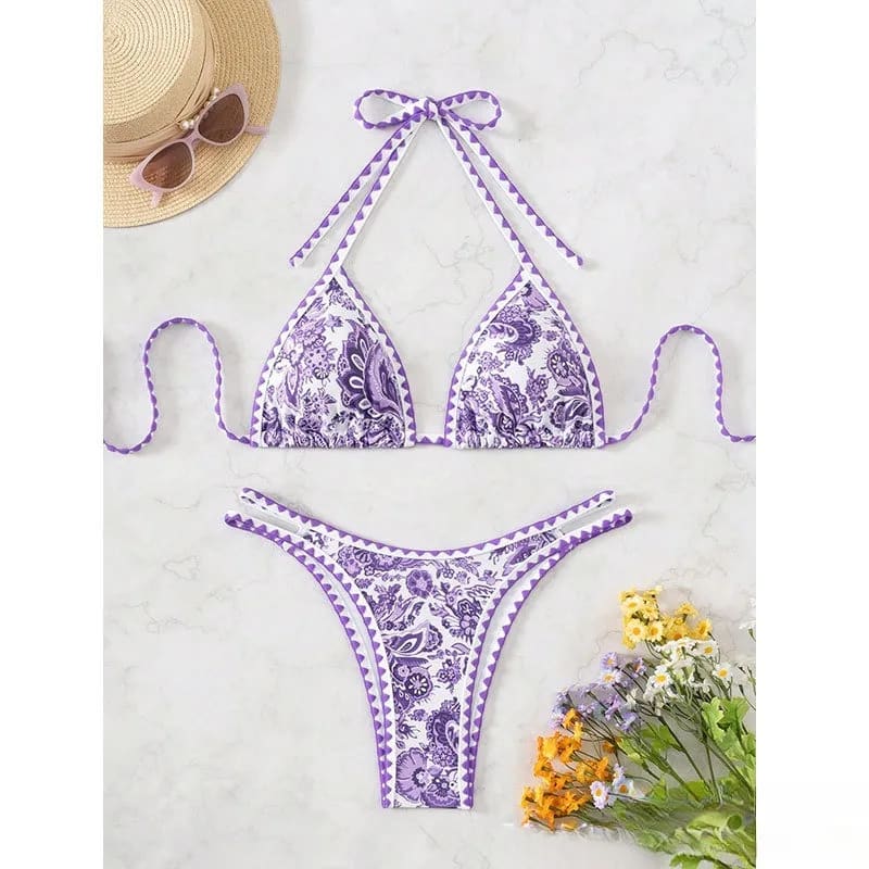 Floral Crisscross Micro Bikini – High‑Cut Brazilian Set - Purple flower / S On sale