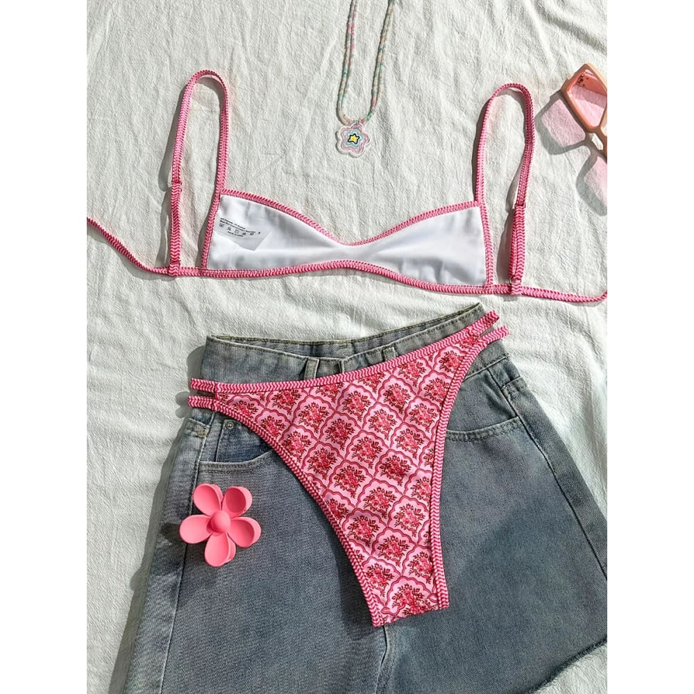 Floral High‑Leg Triangle Bikini Set for Women - On sale