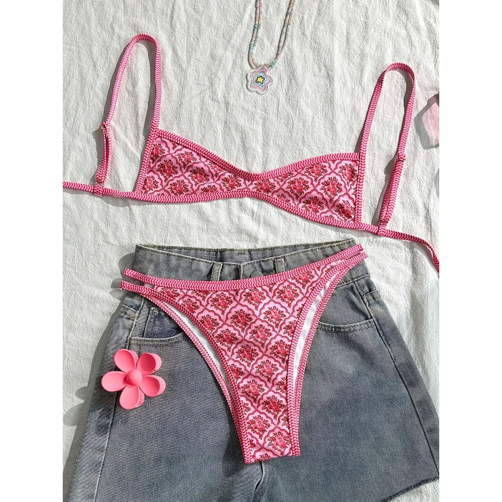 Floral High‑Leg Triangle Bikini Set for Women - Pink / XS On sale