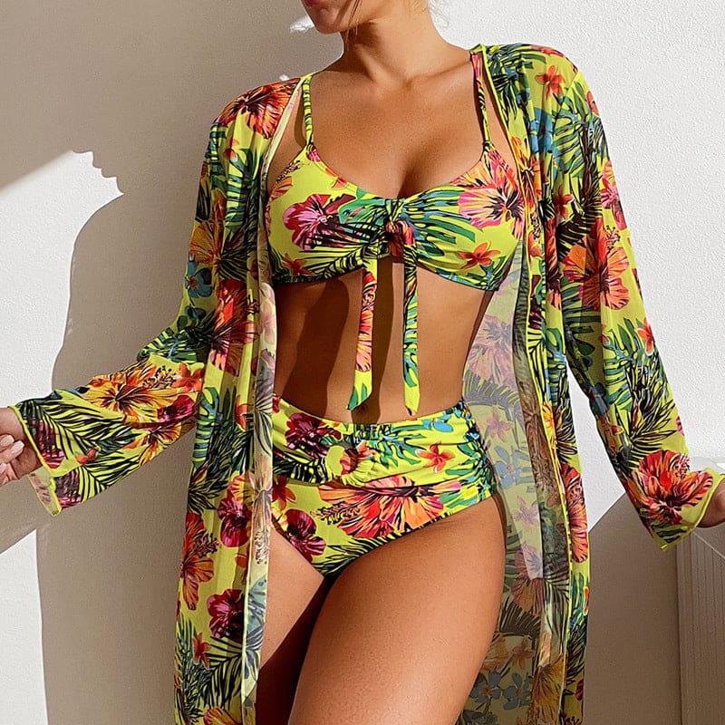 Floral Long Sleeved Blouse Three Piece Swimsuit - Fluorescein / 2XL On sale