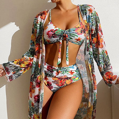 Floral Long Sleeved Blouse Three Piece Swimsuit - White / 2XL On sale