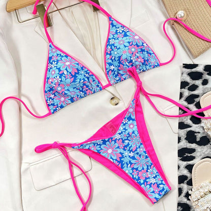 Floral Neon Tie String Cheeky Triangle Brazilian Bikini - On sale