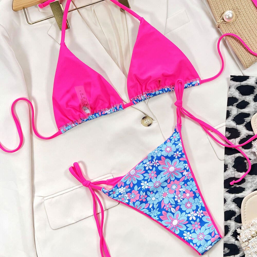 Floral Neon Tie String Cheeky Triangle Brazilian Bikini - Sunnybikinis