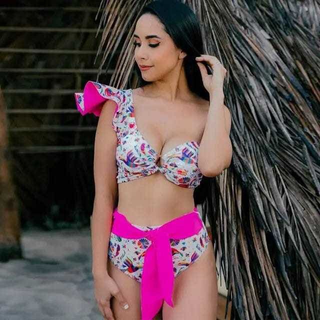 Floral Print High Waist Ruffle Shoulder Bikini Swimsuit - HE19351W1 / L On sale
