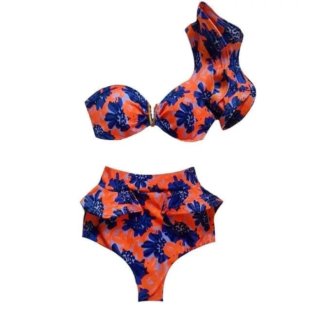 Floral Print High Waist Ruffle Shoulder Bikini Swimsuit - MO19878O3 / M On sale