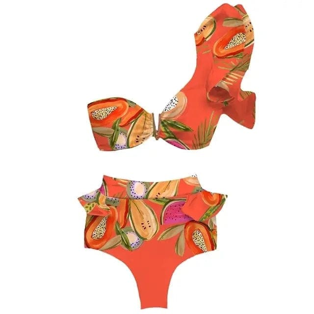 Floral Print High Waist Ruffle Shoulder Bikini Swimsuit - MO19878O4 / M On sale