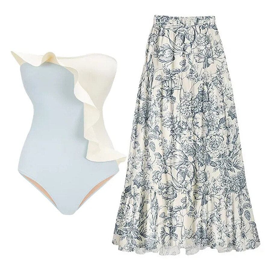 Floral Print One-Shoulder One Piece Swimsuit With Skirt - set 14 / S On sale