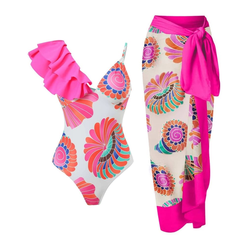 Floral Print One-Shoulder One Piece Swimsuit With Skirt - set 19 / S On sale