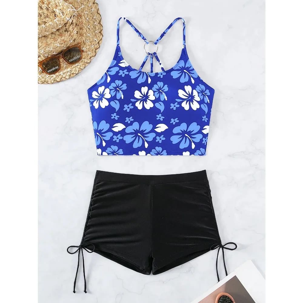 Floral Printed Tankini Set with Adjustable Straps - On sale
