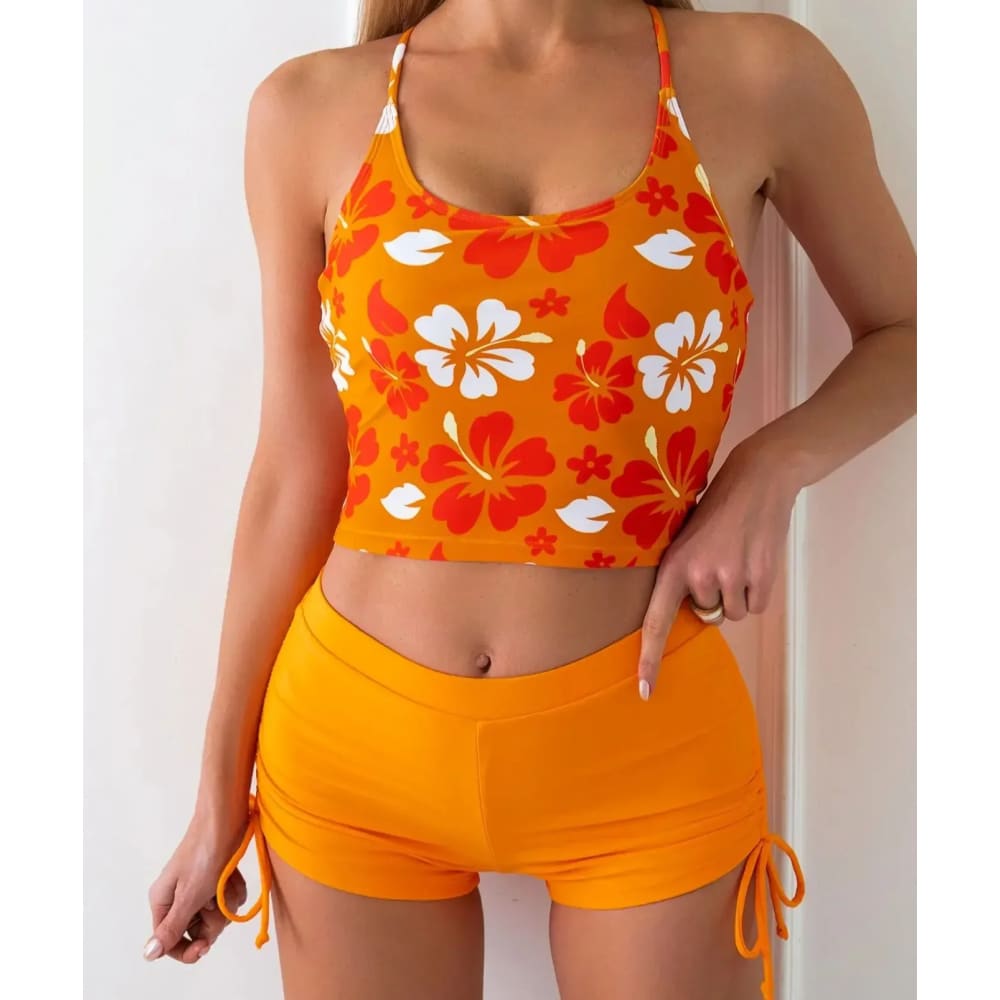 Floral Printed Tankini Set with Adjustable Straps - S / Orange On sale