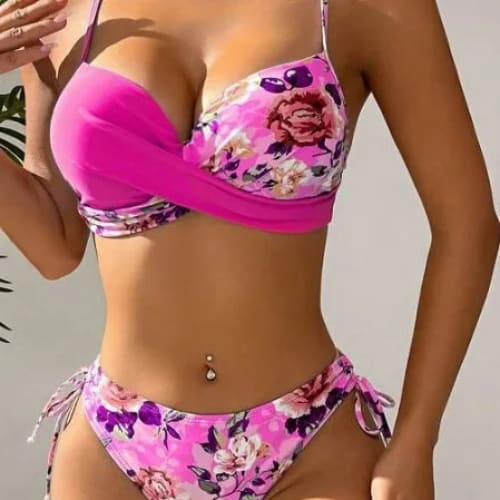 Floral Push‑Up Bikini Set – Tie‑Side Spaghetti Swimwear - On sale