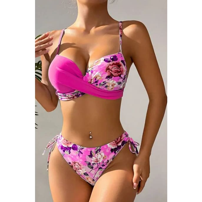 Floral Push‑Up Bikini Set – Tie‑Side Spaghetti Swimwear - On sale