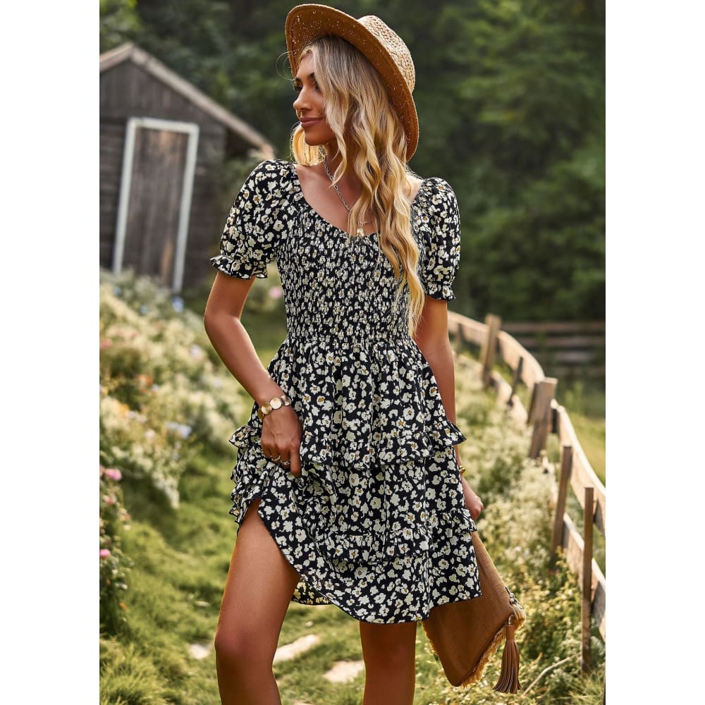 Floral Ruffle Short Sleeve Off-Shoulder Mini Dress - Black / L On sale