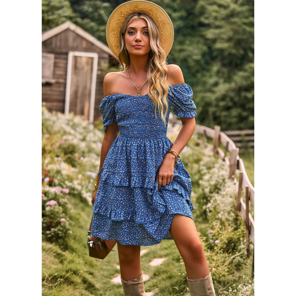 Floral Ruffle Short Sleeve Off-Shoulder Mini Dress - Blue / L On sale
