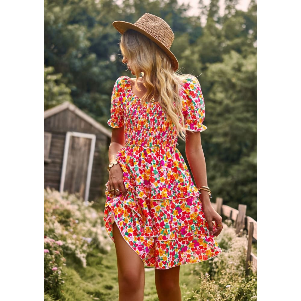 Floral Ruffle Short Sleeve Off-Shoulder Mini Dress - Pink / L On sale