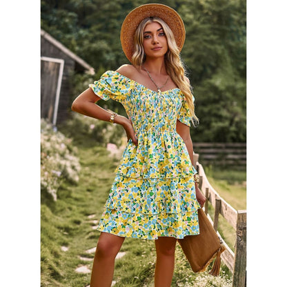 Floral Ruffle Short Sleeve Off-Shoulder Mini Dress - Yellow / L On sale