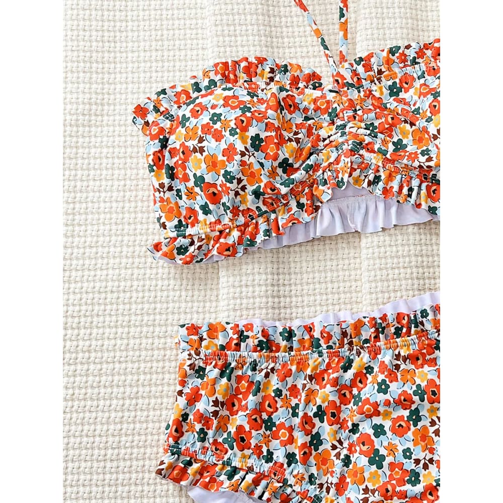 Floral Ruffled Bandeau High-Waist Bikini Set for Women - On sale