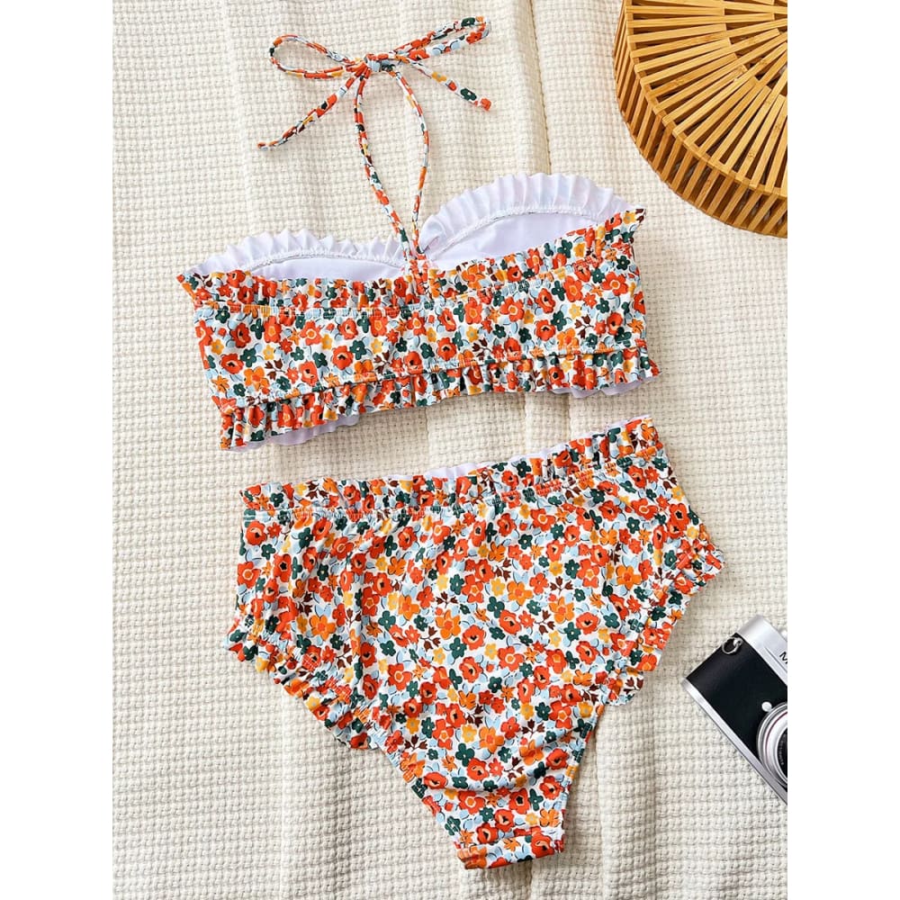 Floral Ruffled Bandeau High-Waist Bikini Set for Women - On sale