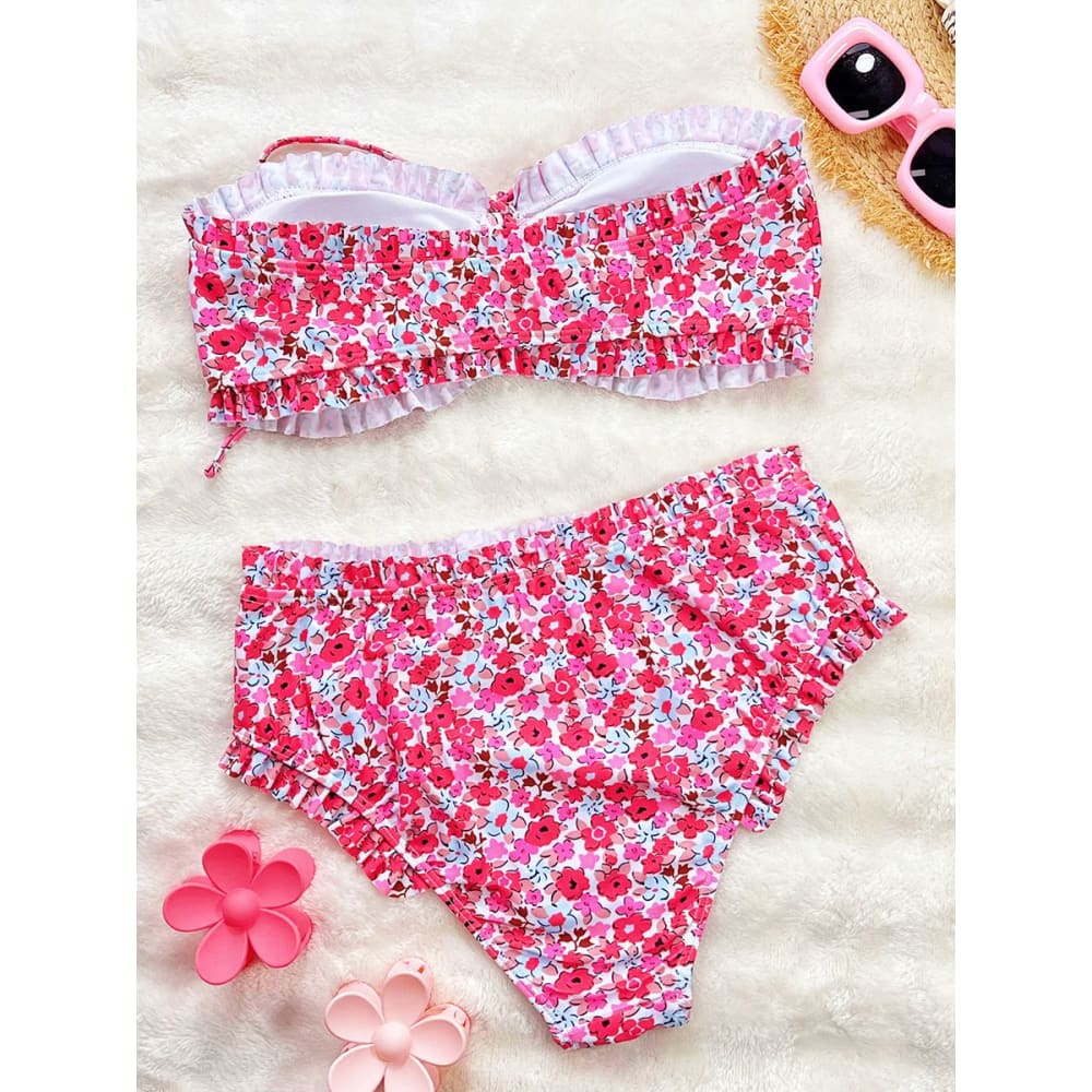 Floral Ruffled Bandeau High-Waist Bikini Set for Women - On sale