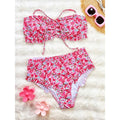 Pink floral bandeau bikini top with tie straps and matching high-waist bottoms