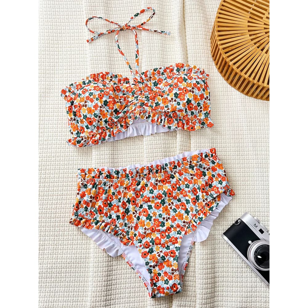 Floral Ruffled Bandeau High-Waist Bikini Set for Women - Red / L On sale