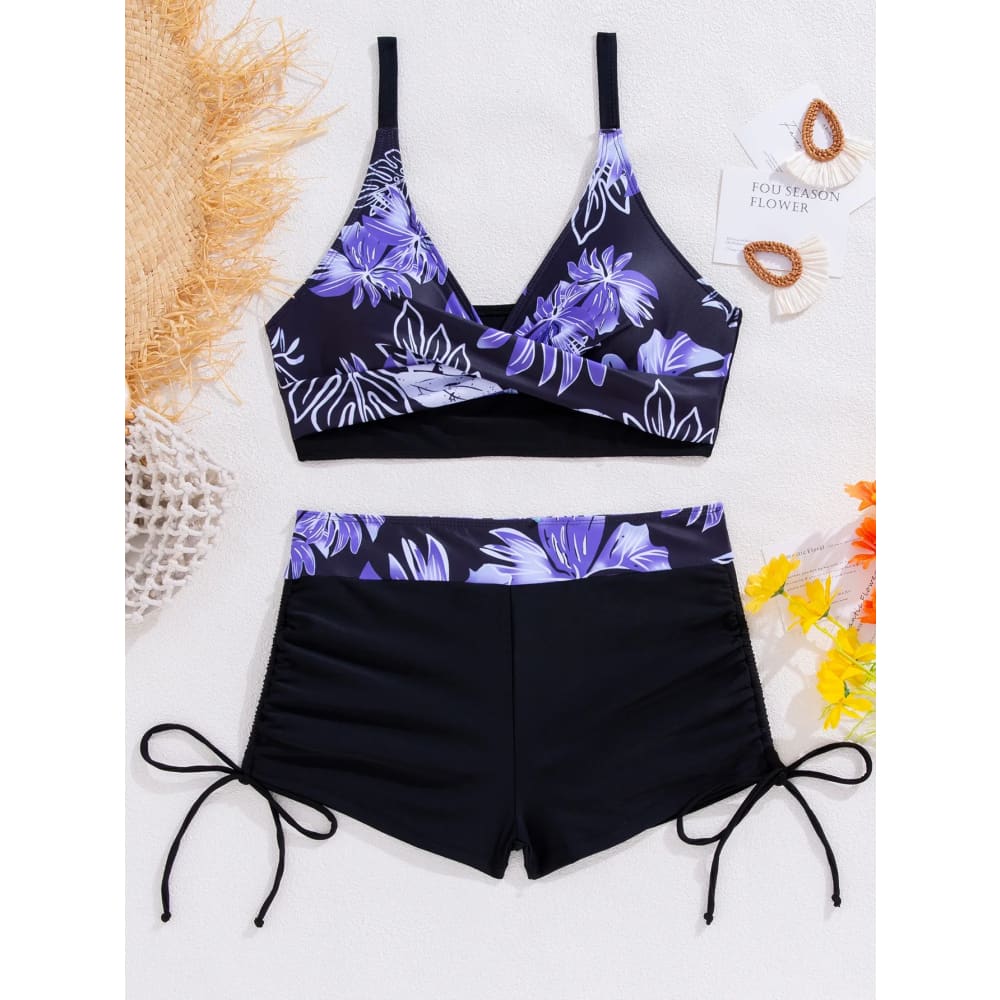 Floral V‑Neck Bikini Set with Sports Bra & Tie‑Side Bottoms - On sale