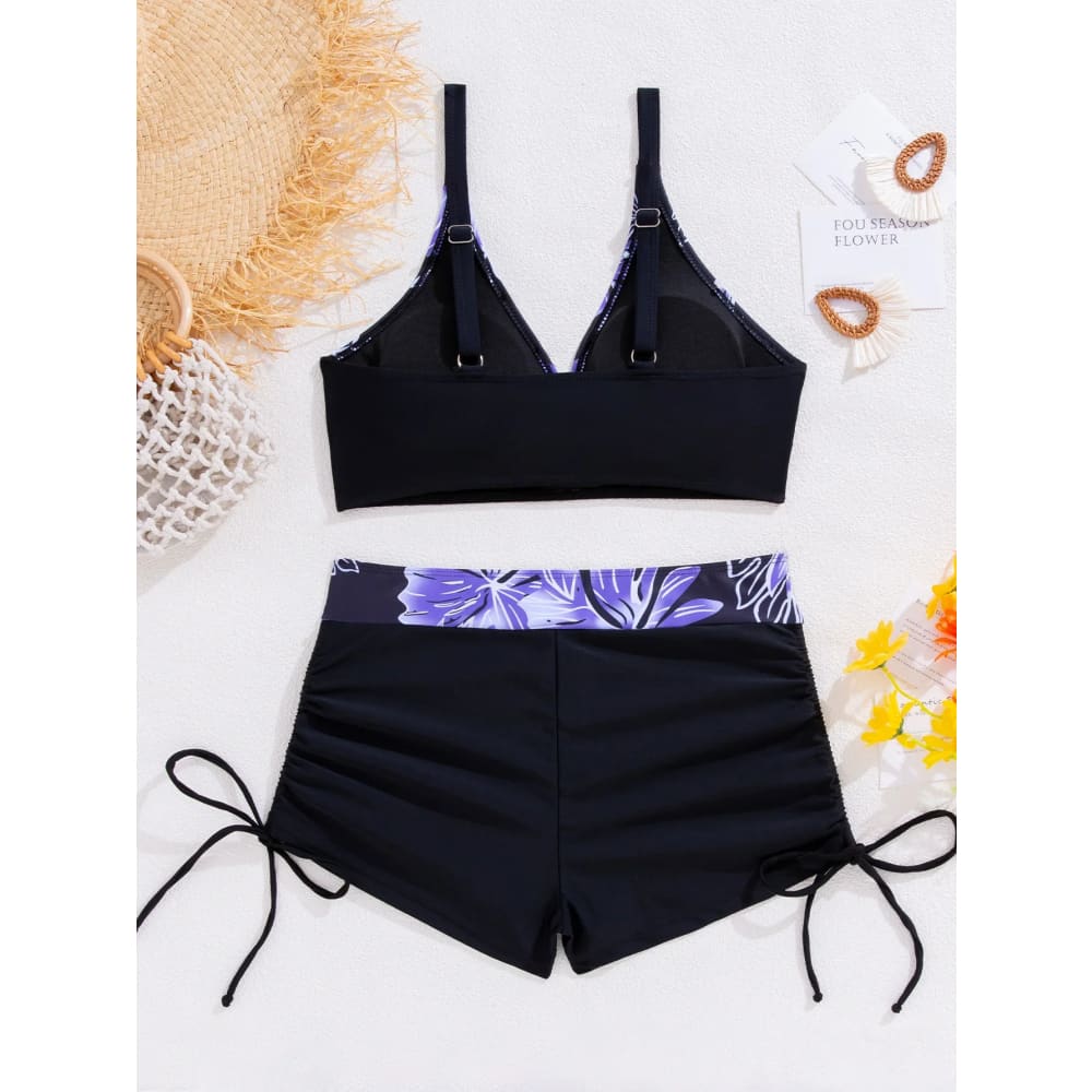 Floral V‑Neck Bikini Set with Sports Bra & Tie‑Side Bottoms - On sale