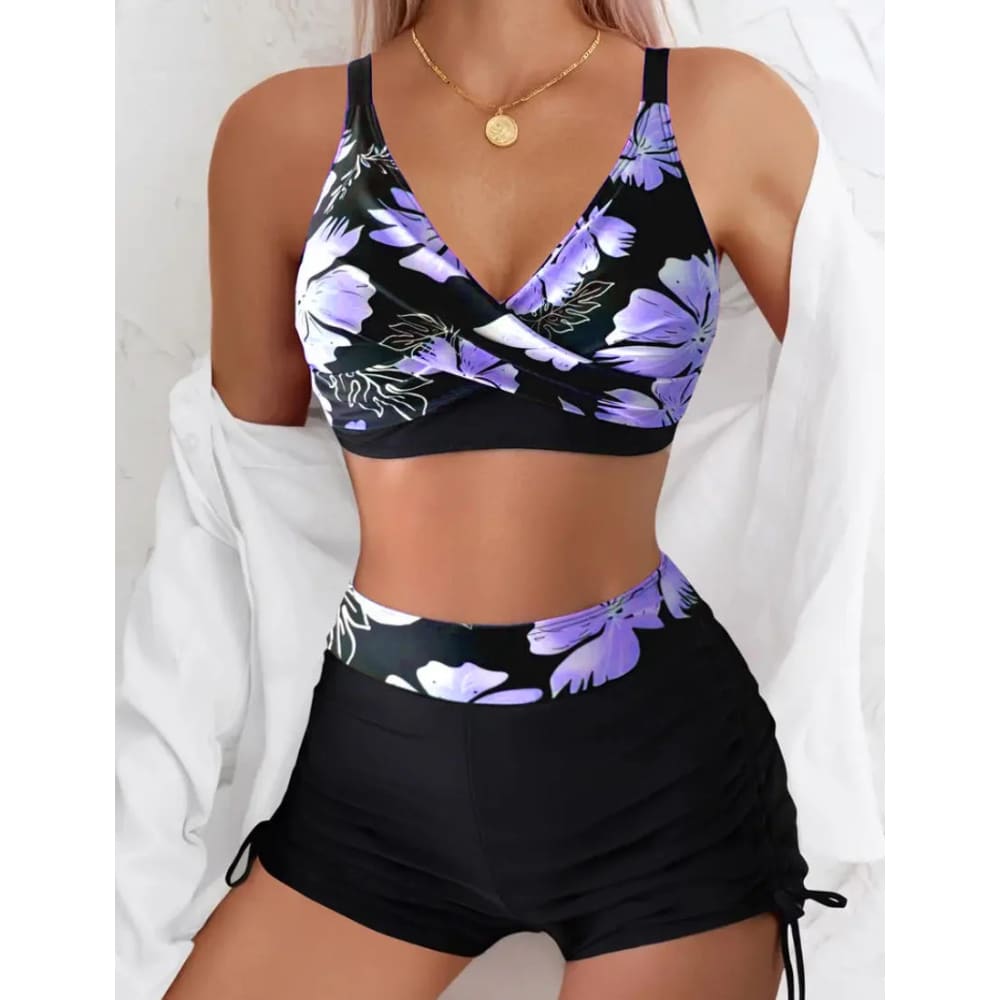 Floral V‑Neck Bikini Set with Sports Bra & Tie‑Side Bottoms - Purple / S On sale