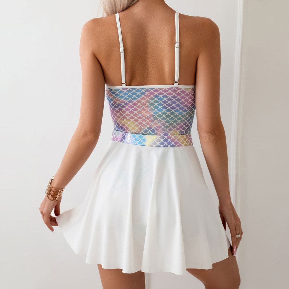 Flowy Miniskirt Iridescent Fishscale One Piece Swimsuit - On sale