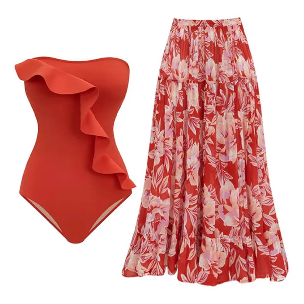 Flowy Ruffle Bandeau One-Piece Swimsuit with Cover-Up - On sale